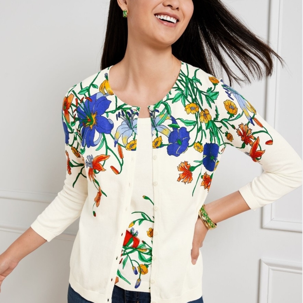 Floral Print Women's Top - Cream, Blue, Orange - Picture 9 of 16